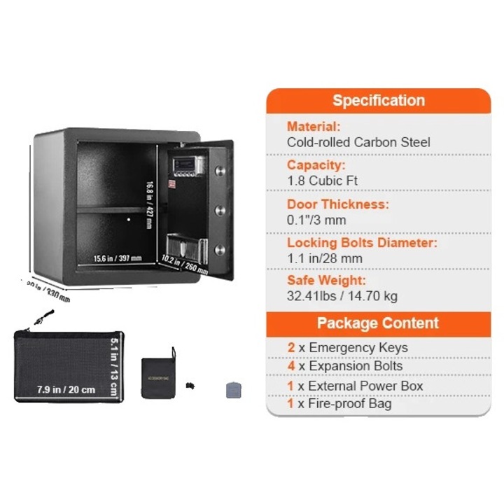 Seif de securitate, acces prin amprenta, sistem de alarma dual, 1.8 picioare cubice