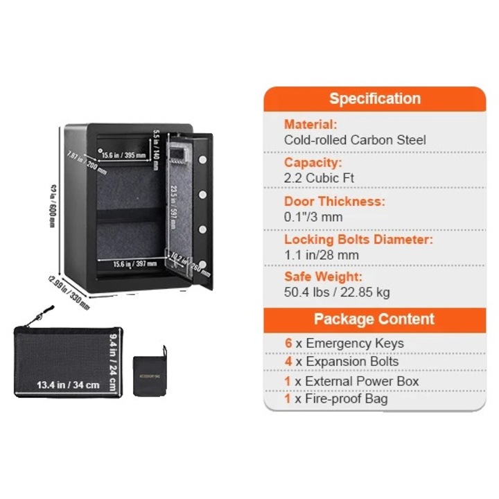 Seif de securitate, acces prin amprenta, sistem de alarma dual, 2.2 picioare cubice