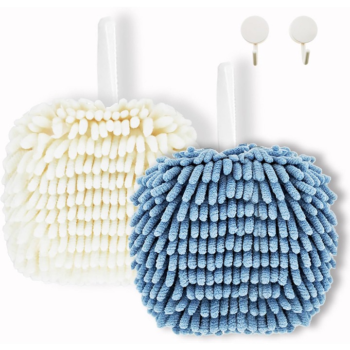 Комплект от 2 пухкави кърпи, Rqiurpn, бързо и удобно изсушаване на ръцете, лесни за почистване, абсорбиращи, с кука, бяло-сини, за баня, кухня