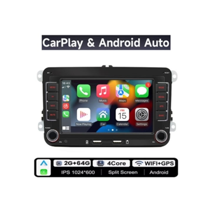 Radio auto 2Din Android, multimedia, CarPlay, Wi-Fi, GPS, multicolor
