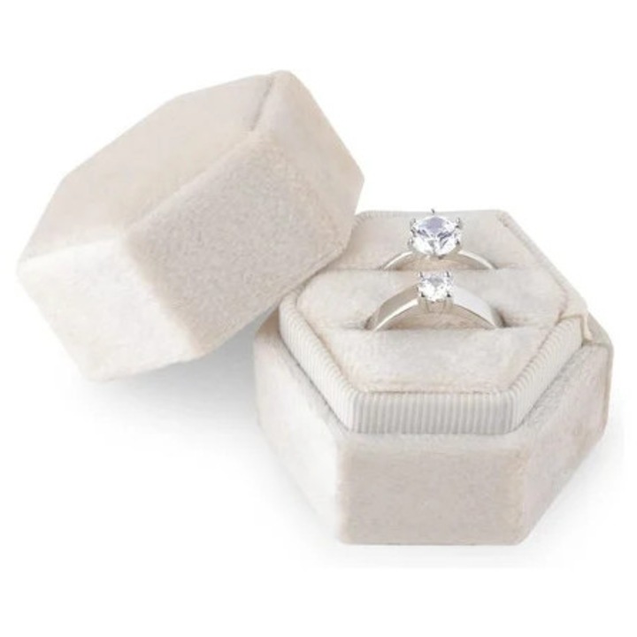 Cutie bijuterii hexagonala din catifea, doua sloturi, pentru doua inele de logodna si nunta, multicolor