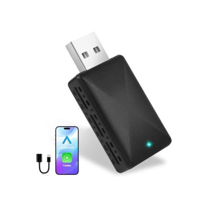 Adaptor Sem Fios, Pentru Carplay si Android Auto, Plug Play, Usb C/Usb A, Negru