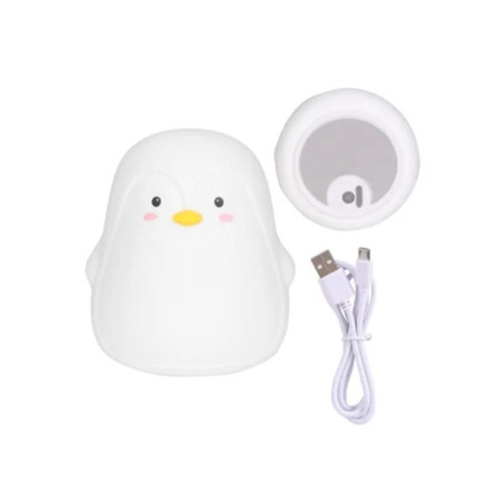 Lampa de veghe copii, pinguin din silicon colorat, LED, alb, cu USB si baterie incorporata