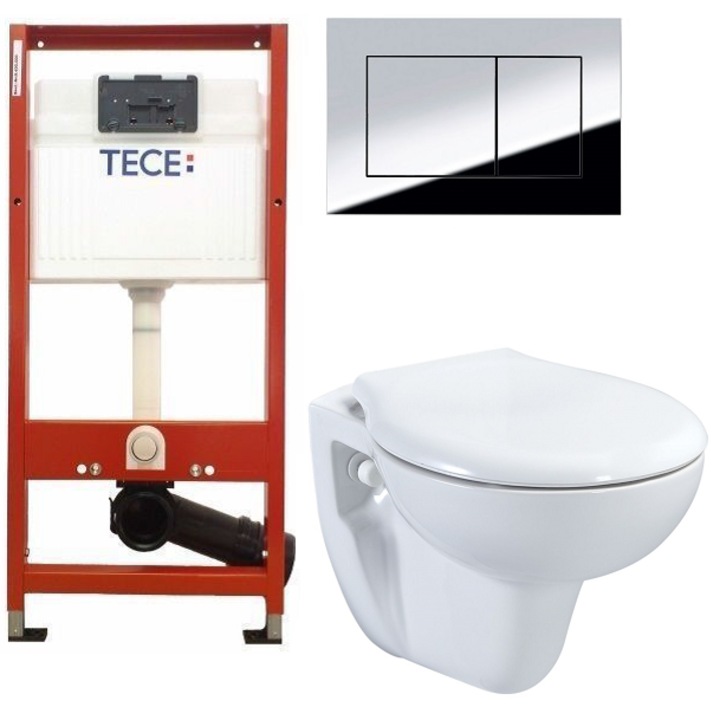 Set 2 in 1 Toaleta Mozy Compact 49 cm cu spalare standard american BOX-RIM, Rezervor Tece, capac soft and slim, clapeta crom lucios