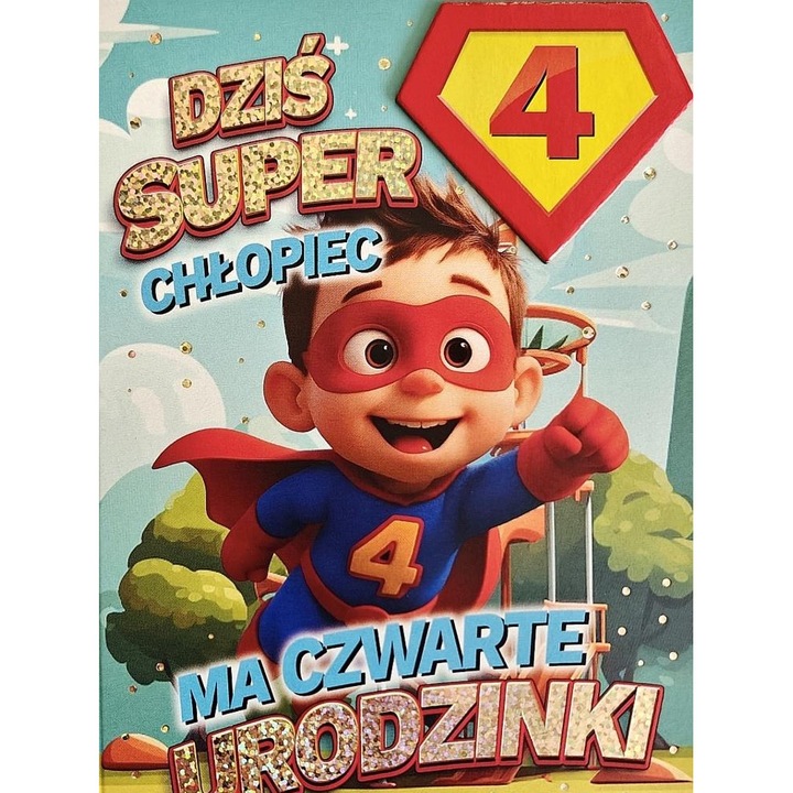 Felicitare YEKU Urodziny 4 baietei - Supereroi, cu elemente decorative, dimensiune standard