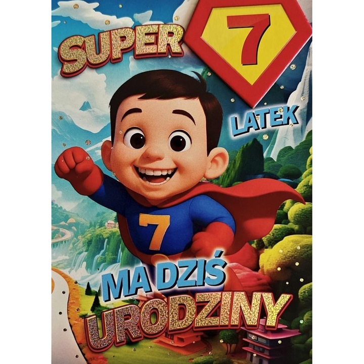 Felicitare Urodziny 7 baiat - Supereroi, YEKU, cu elemente decorative, cu mesaje amuzante