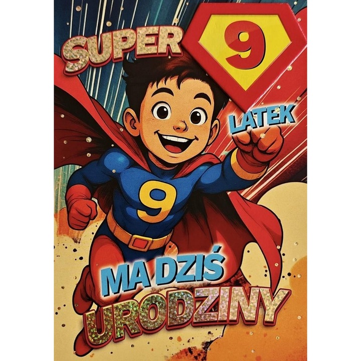 Felicitare YEKU Urodziny 9 baiat - Supereroi, cu elemente decorative, mesaj amuzant