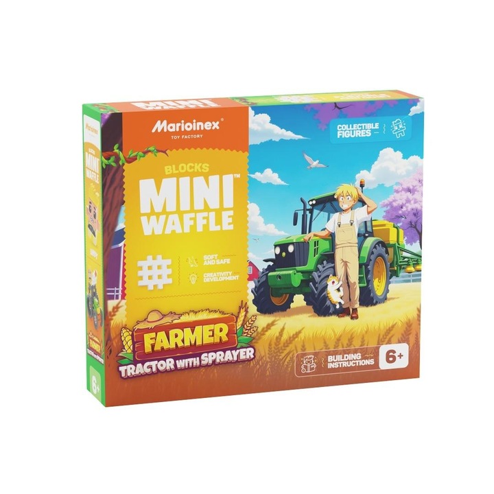 Set Mini Waffle 50el Traktor cu opryskiwacz, Marioinex, multicolor, pentru copii de la 6 ani