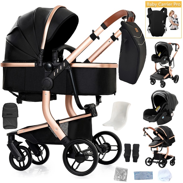 Carucior 3 in 1, negru, design usor si pliabil, suporta pana la 20 kg