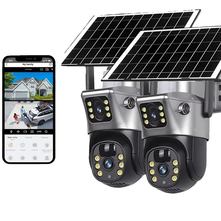 Camera de supraveghere wireless, 4K, doua lentile, audio bidirectional, set de 2 bucati, alimentare solara, fara card