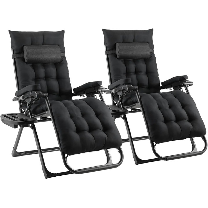 2 db Zero Gravity szék szett, modern design, levehető párna, fekete, 160x69x80cm