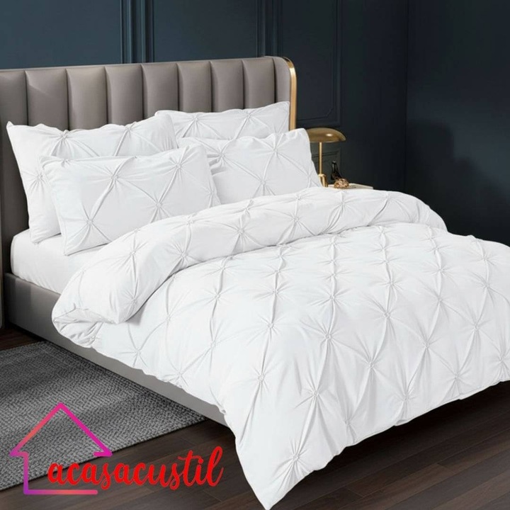 Lenjerie de pat din finet, 6 piese, model uni texturat Pintuck, cearsaf cu elastic 160x200 cm, cearsaf pilota 200x230 cm, fete de perna 50x70 si 70x70 cm, Alb
