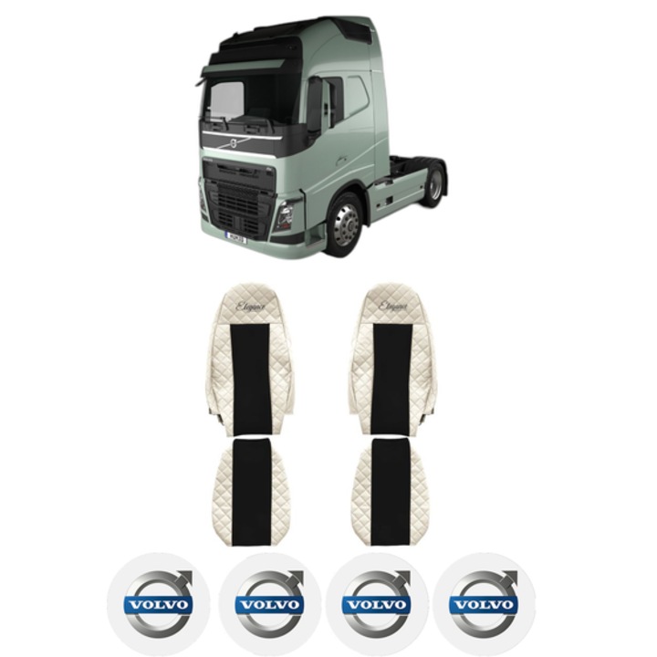 Set Huse Scaune Camion Tir VOLVO FH II din 2012-2017, Auto, Model ELEGANCE Q, Culoare Bej, 4x Stickere auto cu VOLVO