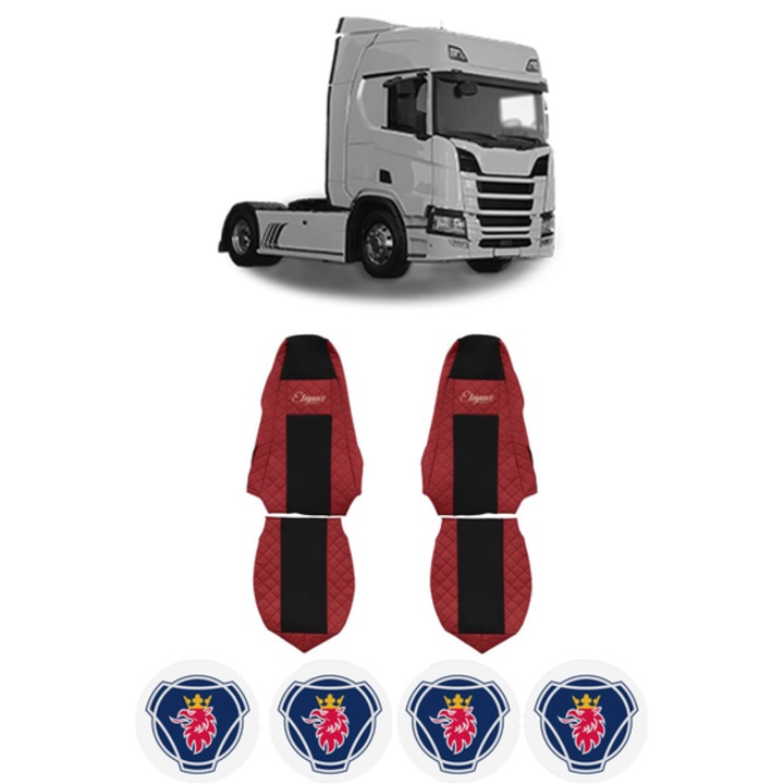 Set Huse Scaune Camion Tir SCANIA R II din 2016-2024, Auto, Model ELEGANCE Q, Culoare Rosu, 4x Stickere auto cu SCANIA