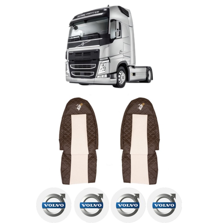 Set Huse Scaune Camion Tir VOLVO FM II din 2012-2017, Auto, Model ELEGANCE Q, Culoare Bej, 4x Stickere auto cu VOLVO