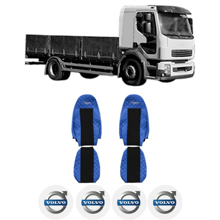 Set Huse Scaune Camion Tir VOLVO FL II din 2006-2009, Auto, Model ELEGANCE Q, Culoare Albastru, 4x Stickere auto cu VOLVO