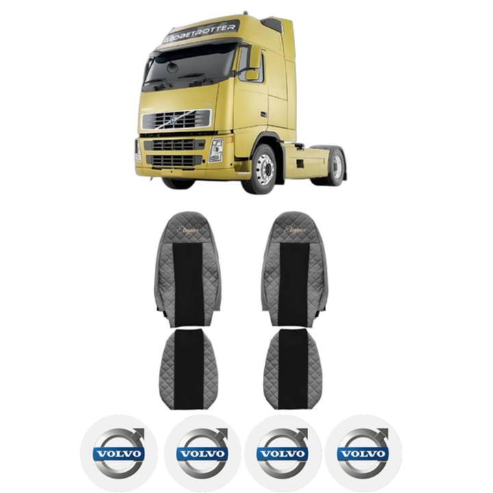 Set Huse Scaune Camion Tir VOLVO FH din 2005-2009, Auto, Model ELEGANCE Q, Culoare Gri, 4x Stickere auto cu VOLVO