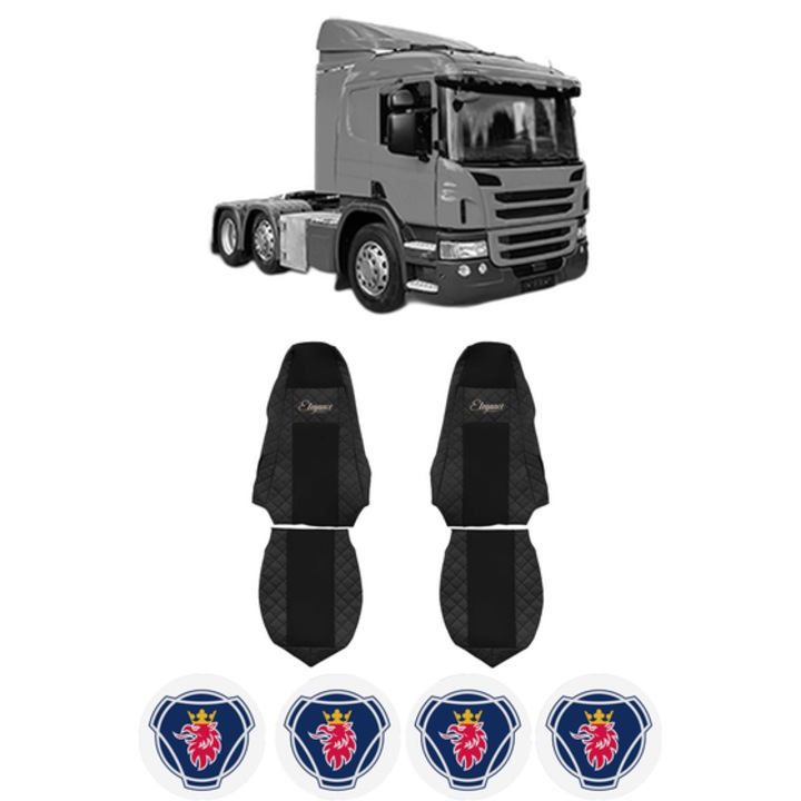 Set Huse Scaune Camion Tir SCANIA P I din 2003-2019, Auto, Model ELEGANCE Q, Culoare Negru, 4x Stickere auto cu SCANIA