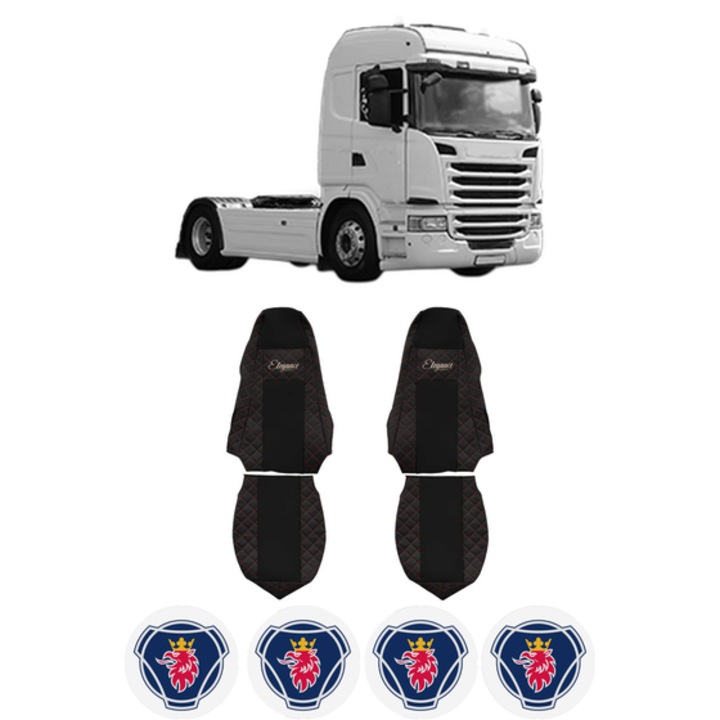 Set Huse Scaune Camion Tir SCANIA G I din 2003-2019, Auto, Model ELEGANCE Q, Culoare Negru/Rosu, 4x Stickere auto cu SCANIA