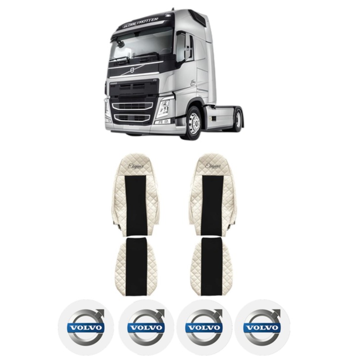 Set Huse Scaune Camion Tir VOLVO FM II din 2012-2017, Auto, Model ELEGANCE Q, Culoare Bej, 4x Stickere auto cu VOLVO