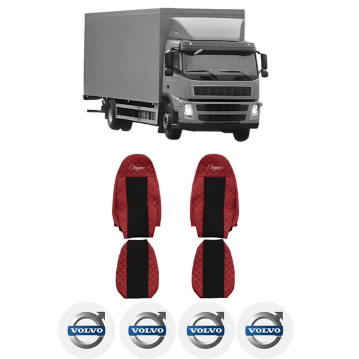 Set Huse Scaune Camion Tir VOLVO FM din 2005-2008, Auto, Model ELEGANCE Q, Culoare Rosu, 4x Stickere auto cu VOLVO