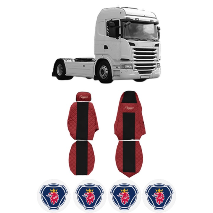 Set Huse Scaune Camion Tir SCANIA G I din 2003-2019, Auto, Model ELEGANCE Q, Culoare Rosu, 4x Stickere auto cu SCANIA