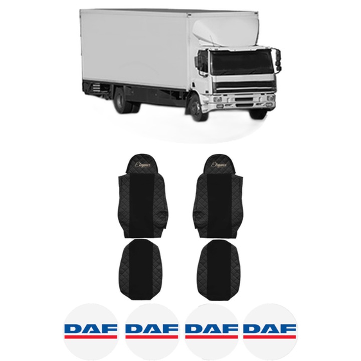 Set Huse Scaune Camion Tir DAF CF 75 din 2001-2013, Auto, Model ELEGANCE Q, Culoare Negru, 4x Stickere auto cu DAF