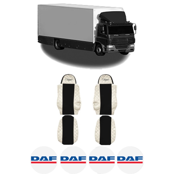 Set Huse Scaune Camion Tir DAF CF 65 din 2001-2013, Auto, Model ELEGANCE Q, Culoare Bej, 4x Stickere auto cu DAF