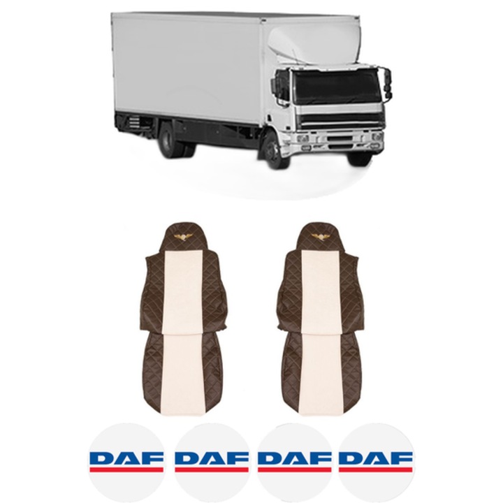 Set Huse Scaune Camion Tir DAF CF 75 din 2001-2013, Auto, Model ELEGANCE Q, Culoare Bej/Maro, 4x Stickere auto cu DAF