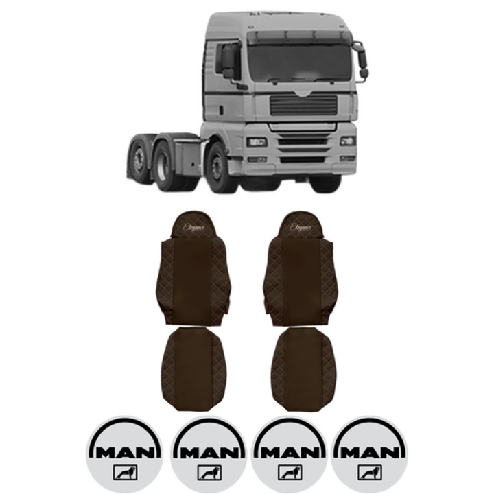 Set Huse Scaune Camion Tir MAN TGA din 1999-2012, Auto, Model ELEGANCE Q, Culoare Maro, 4x Stickere auto cu MAN