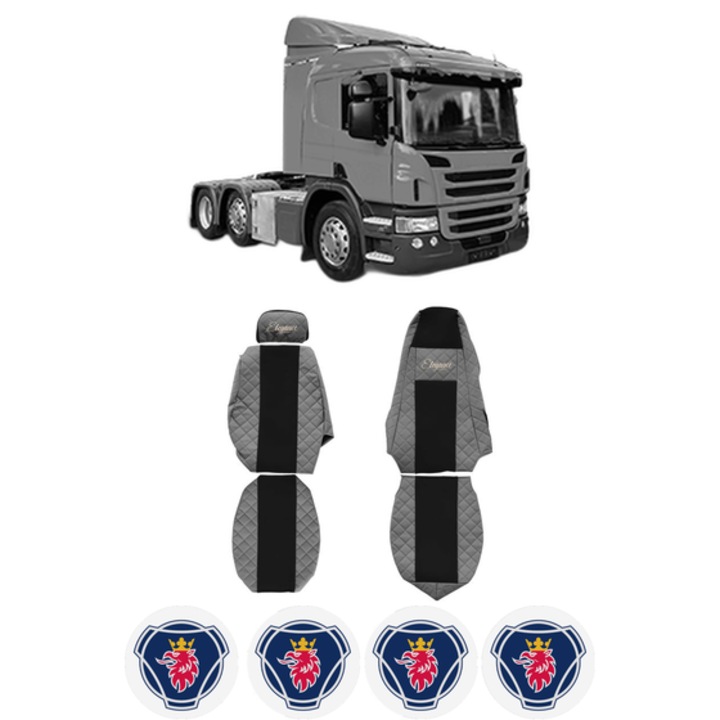 Set Huse Scaune Camion Tir SCANIA P I din 2003-2019, Auto, Model ELEGANCE Q, Culoare Gri, 4x Stickere auto cu SCANIA