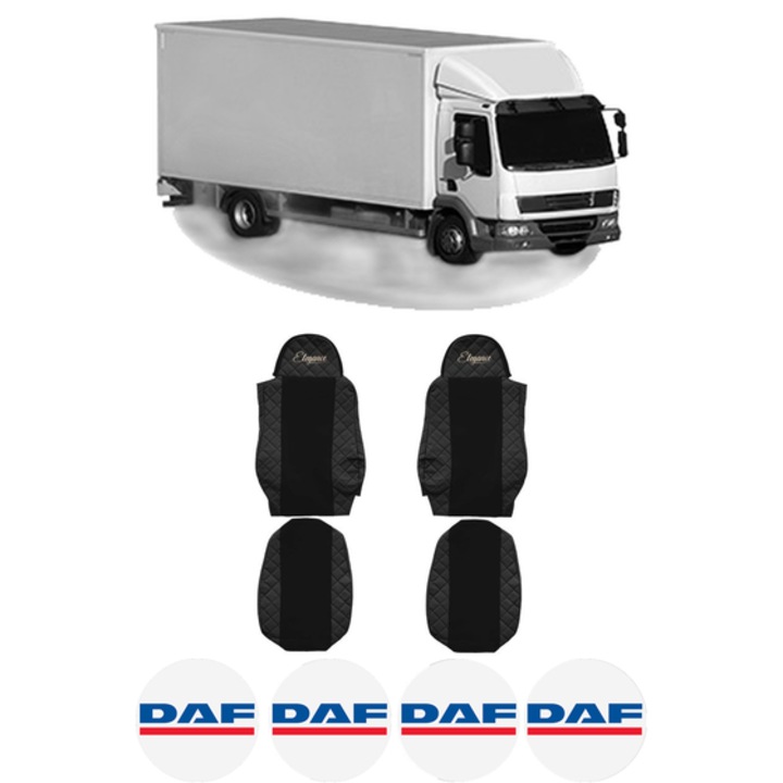 Set Huse Scaune Camion Tir DAF LF 45 din 2001-2009, Auto, Model ELEGANCE Q, Culoare Negru, 4x Stickere auto cu DAF