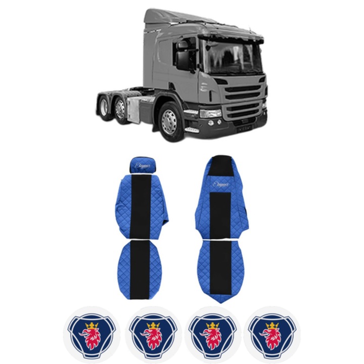 Set Huse Scaune Camion Tir SCANIA P I din 2003-2019, Auto, Model ELEGANCE Q, Culoare Albastru, 4x Stickere auto cu SCANIA