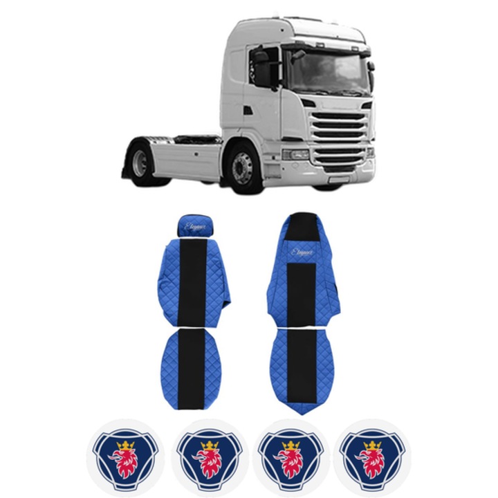 Set Huse Scaune Camion Tir SCANIA G I din 2003-2019, Auto, Model ELEGANCE Q, Culoare Albastru, 4x Stickere auto cu SCANIA