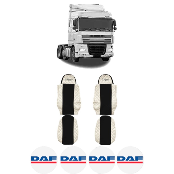 Set Huse Scaune Camion Tir DAF XF 105 din 2005-2013, Auto, Model ELEGANCE Q, Culoare Bej, 4x Stickere auto cu DAF