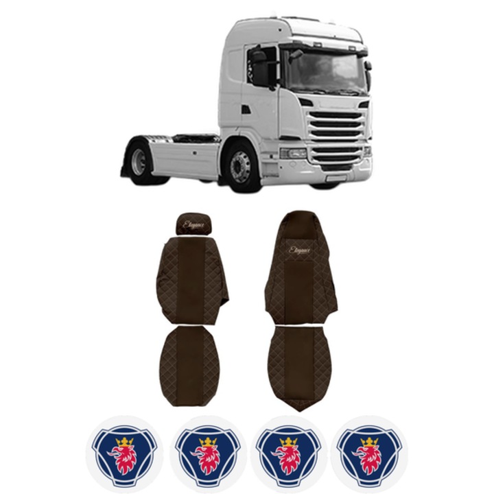 Set Huse Scaune Camion Tir SCANIA G I din 2003-2019, Auto, Model ELEGANCE Q, Culoare Maro, 4x Stickere auto cu SCANIA