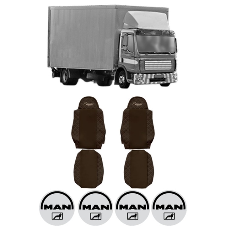 Set Huse Scaune Camion Tir MAN TGL I din 2004-2022, Auto, Model ELEGANCE Q, Culoare Maro, 4x Stickere auto cu MAN