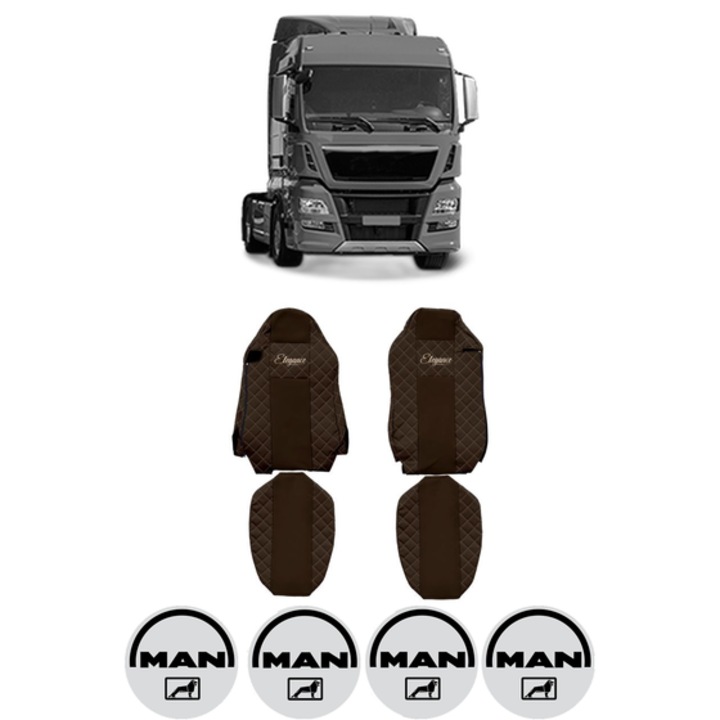 Set Huse Scaune Camion Tir MAN TGX I din 2006-2021, Auto, Model ELEGANCE Q, Culoare Maro, 4x Stickere auto cu MAN