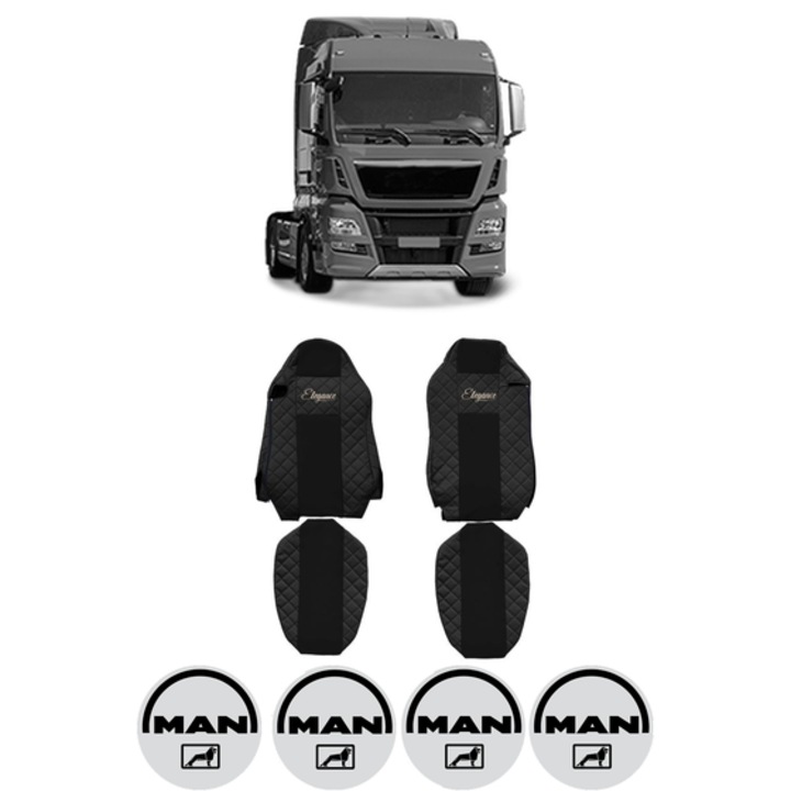 Set Huse Scaune Camion Tir MAN TGX I din 2006-2021, Auto, Model ELEGANCE Q, Culoare Negru, 4x Stickere auto cu MAN