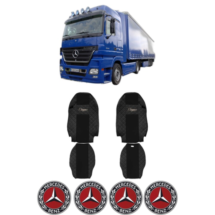 Set Huse Scaune Camion Tir MERCEDES-BENZ ACTROS MP2 / MP3 din 2002-2009, Auto, Model ELEGANCE Q, Culoare Negru, 4x Stickere auto cu MERCEDES-BENZ