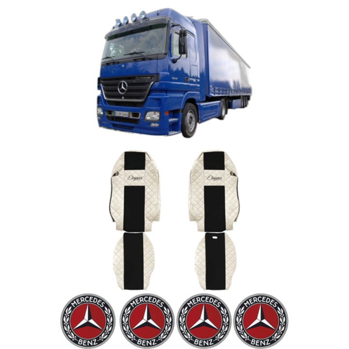 Set Huse Scaune Camion Tir MERCEDES-BENZ ACTROS MP2 / MP3 din 2002-2009, Auto, Model ELEGANCE Q, Culoare Bej, 4x Stickere auto cu MERCEDES-BENZ