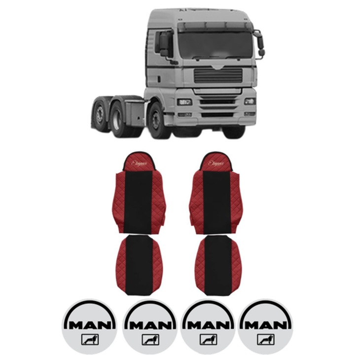 Set Huse Scaune Camion Tir MAN TGA din 1999-2012, Auto, Model ELEGANCE Q, Culoare Rosu, 4x Stickere auto cu MAN