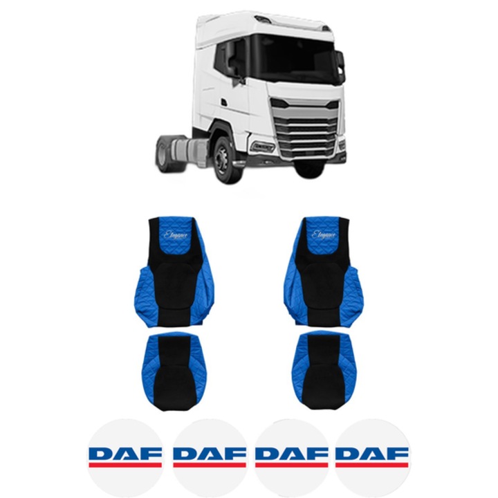 Set Huse Scaune Camion Tir DAF XG din 2021, Auto, Model ELEGANCE Q, Culoare Albastru, 4x Stickere auto cu DAF