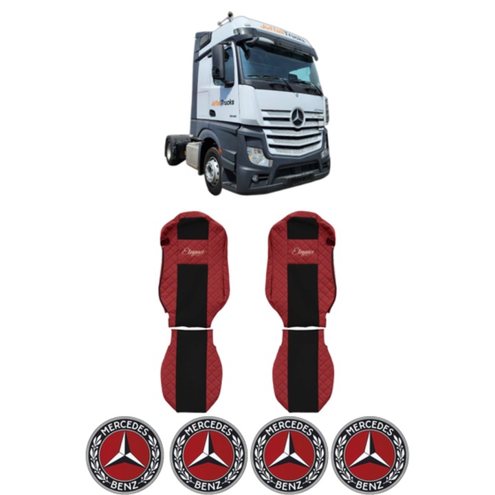 Set Huse Scaune Camion Tir MERCEDES-BENZ ACTROS MP4 / MP5 din 2011-2024, Auto, Model ELEGANCE Q, Culoare Rosu, 4x Stickere auto cu MERCEDES-BENZ