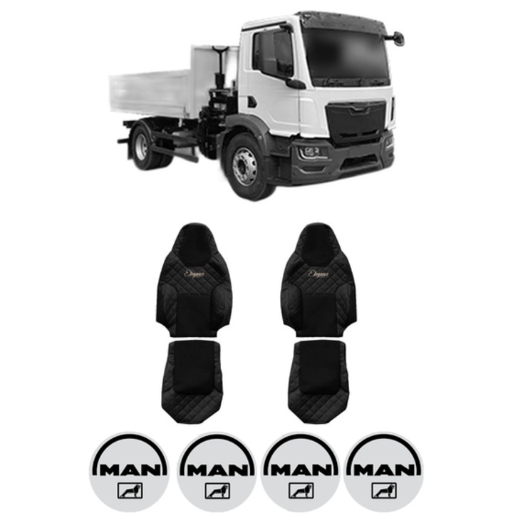 Set Huse Scaune Camion Tir MAN TGM II din 2020, Auto, Model ELEGANCE Q, Culoare Negru, 4x Stickere auto cu MAN