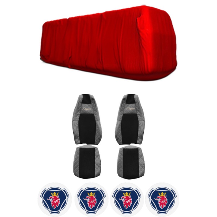 Set Huse Scaune Camion Tir SCANIA L din 2017-2023, Auto, Model ELEGANCE Q, Culoare Gri, 4x Stickere auto cu SCANIA