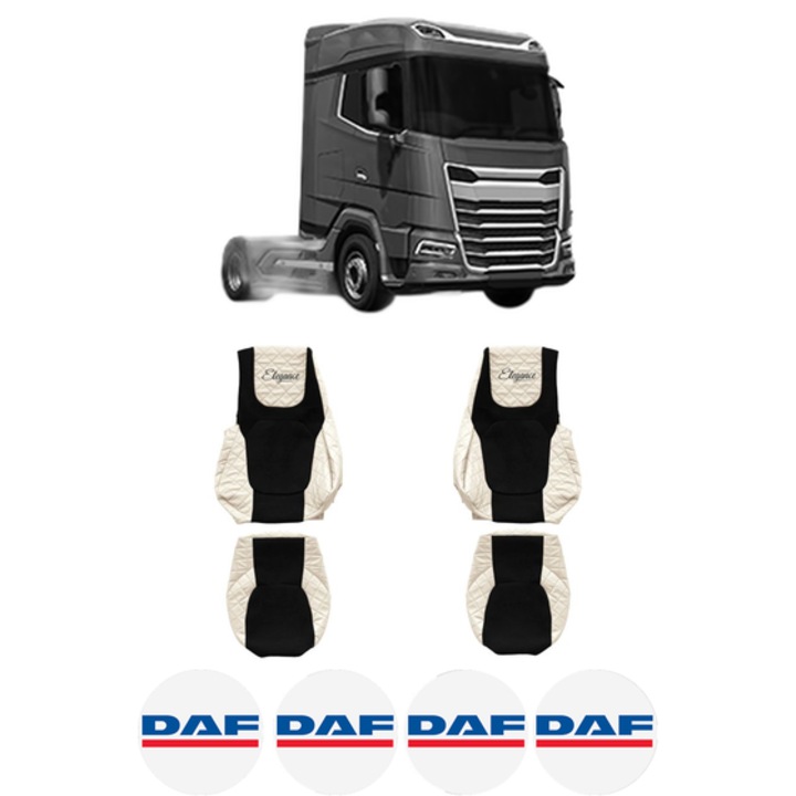 Set Huse Scaune Camion Tir DAF XF II din 2021-2023, Auto, Model ELEGANCE Q, Culoare Sampanie, 4x Stickere auto cu DAF