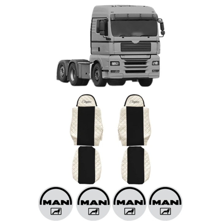 Set Huse Scaune Camion Tir MAN TGA din 1999-2012, Auto, Model ELEGANCE Q, Culoare Bej, 4x Stickere auto cu MAN