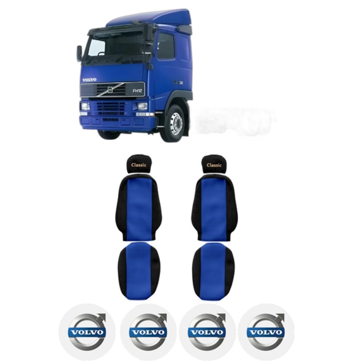 Set Huse Scaune Camion Tir VOLVO FH12 din 1993-2005, Auto, Model CLASSIC, Culoare Albastru, 4x Stickere auto cu VOLVO