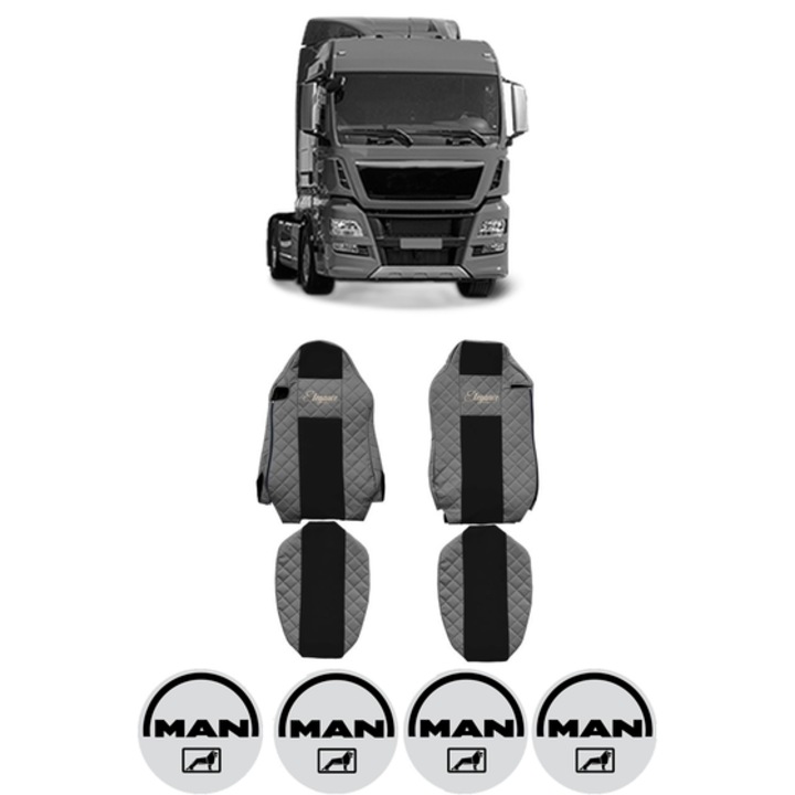 Set Huse Scaune Camion Tir MAN TGX I din 2006-2021, Auto, Model ELEGANCE Q, Culoare Gri, 4x Stickere auto cu MAN